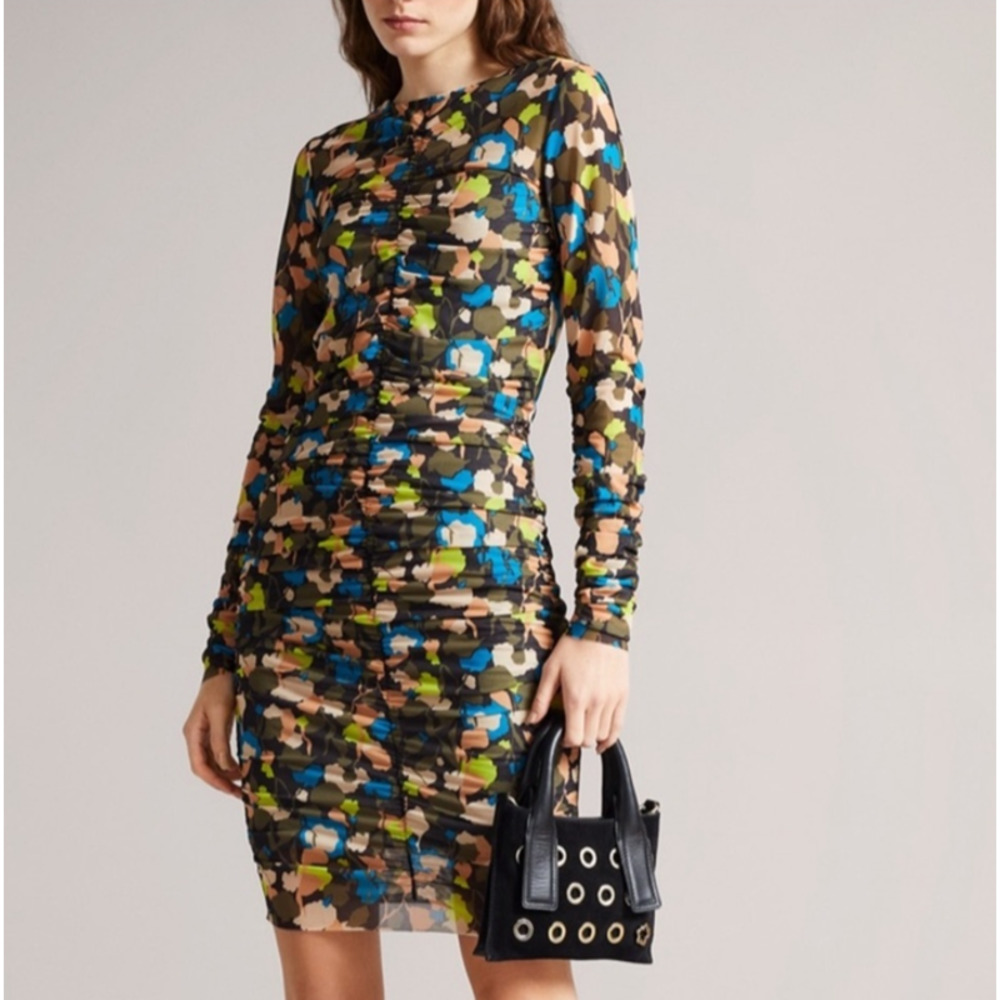 TED BAKER Ttinna Ruched Dress Womens Large Black Olive Sheer Mesh Long Sleeve